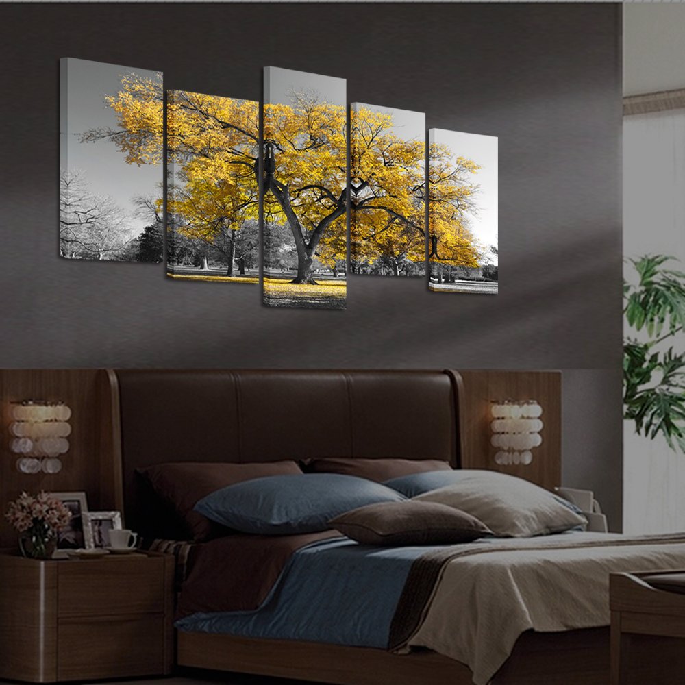 Visual Art Decor 5 Pieces Canvas Painting Prints Large Autumn Yellow Tree in Black and White Fall Landscape Home Office Wall Decoration Framed Wall Decor Artwork