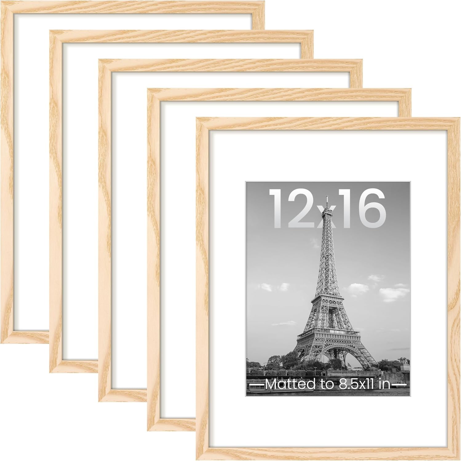 Upsimples 12x16 Picture Frame Set of 5 - Versatile Wall Gallery Frames for 8.5x11 or 12x16 Photos - Natural Finish