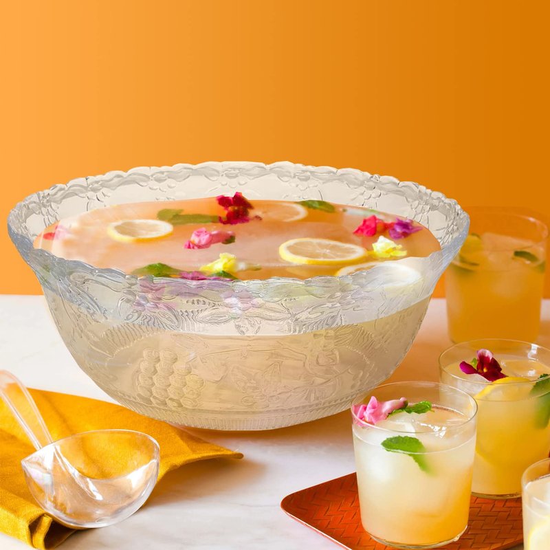 Plastic Punch Bowl with Ladle – Clear Punch Plastic Bowls – BPA Free Recyclable Punch Set of Bowl and 5 oz. Ladle – Embroidered Punch Bowl with Serving Ladle for Parties