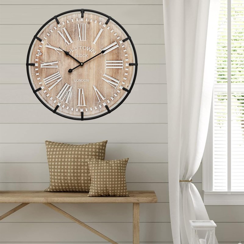 MICWIC 24 Inch Grand Farmhouse Wall Clock, Vintage-Inspired Wood & Metal Design with Large Etched Numbers, Silent Battery-Powered Timepiece for Offices, Kitchens, Bedrooms, and Living Rooms