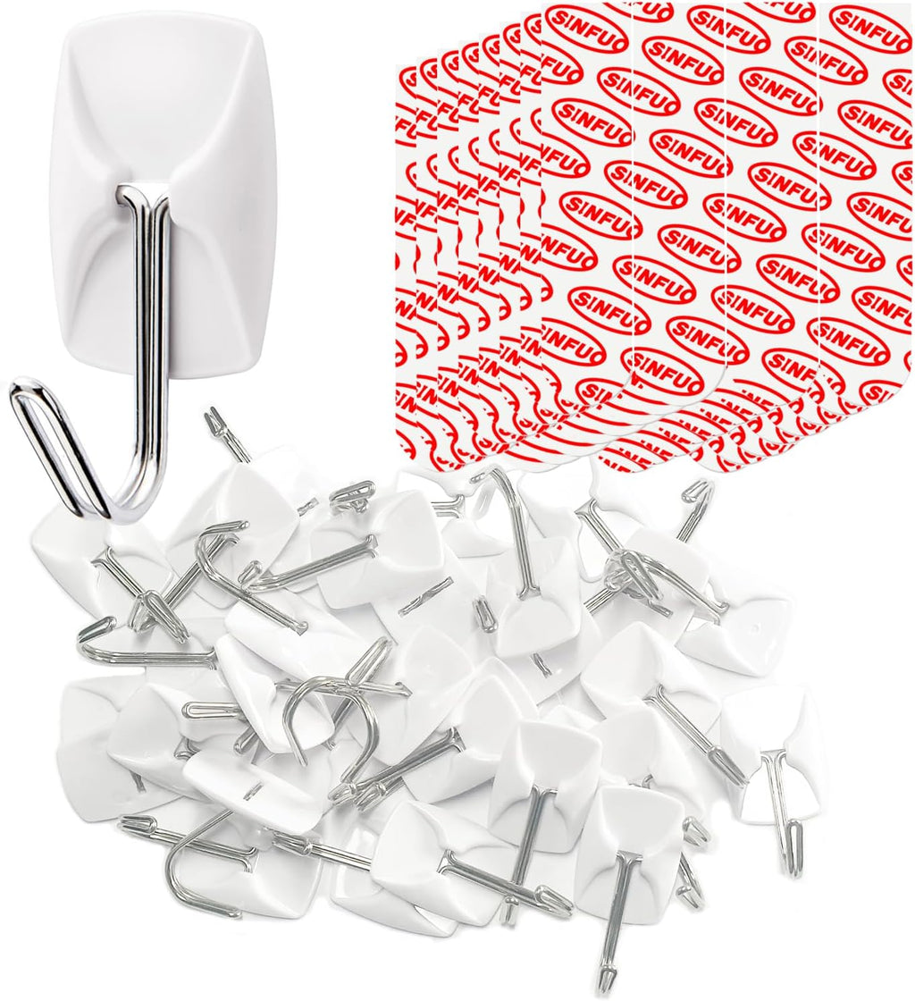 Sinfuo Heavy-Duty Wall Hooks - 32 Small Wire Hooks with 36 Damage-Free Adhesive Strips | Ideal for Keys, Coats, and More