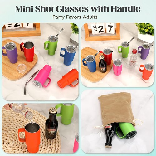 STFALI Cute Shot Glasses with Handle 2 oz, Mini Shot Tumbler with Lid and Straw, Kawaii Insulated Tumblers for Espresso Coffee Spirits Cute Stuff Funny Gifts (6 Pack-B)