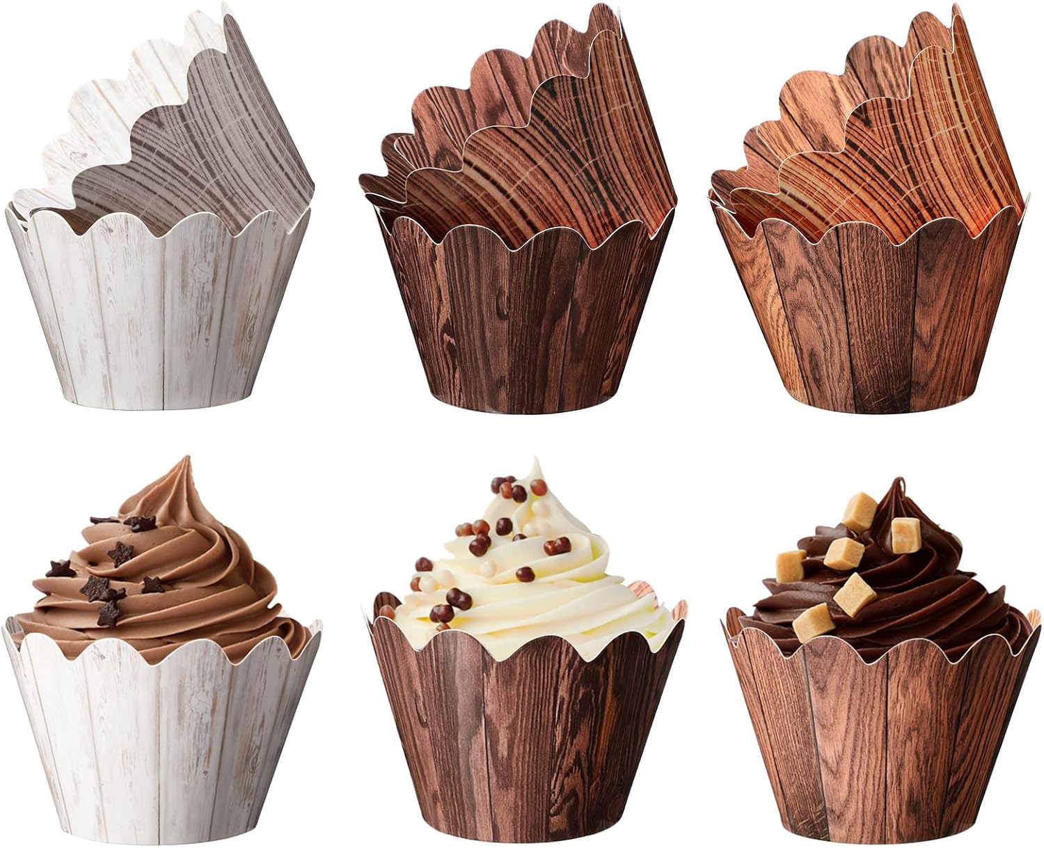 Skiennix Wood Grain Cupcake Wrappers - 120 Pcs Rustic Cake Liners for Baby Showers & Weddings | Woodland Theme