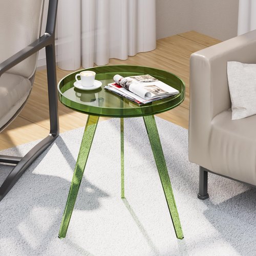 Dewrhiixe Clear Acrylic Side Table, Round End Table Nightstand Bedside Table Small Circle with Tray for Living Room Bedroom Office Small Space (Green)