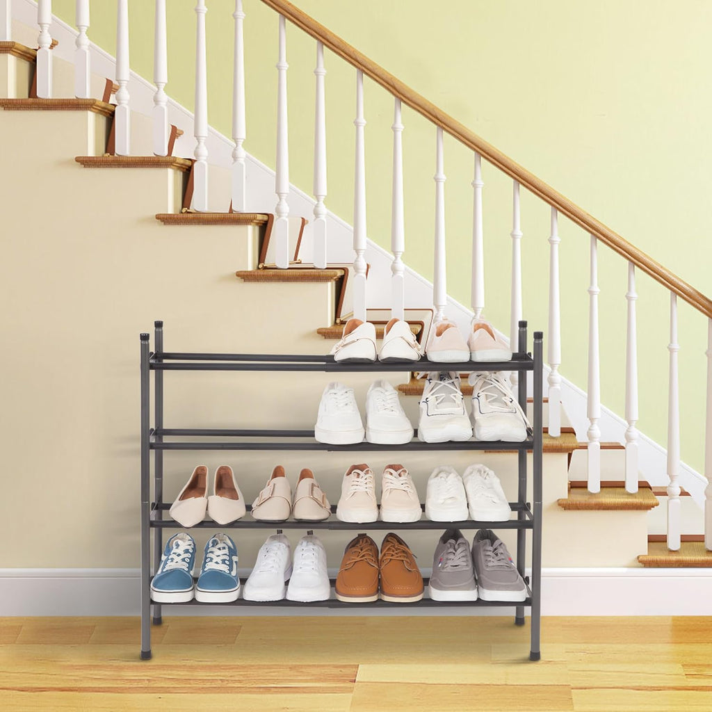 STORAGE MANIAC Expandable Shoe Rack - 16 Pairs Stackable Organizer for Closet & Entryway - Black 4 Tier