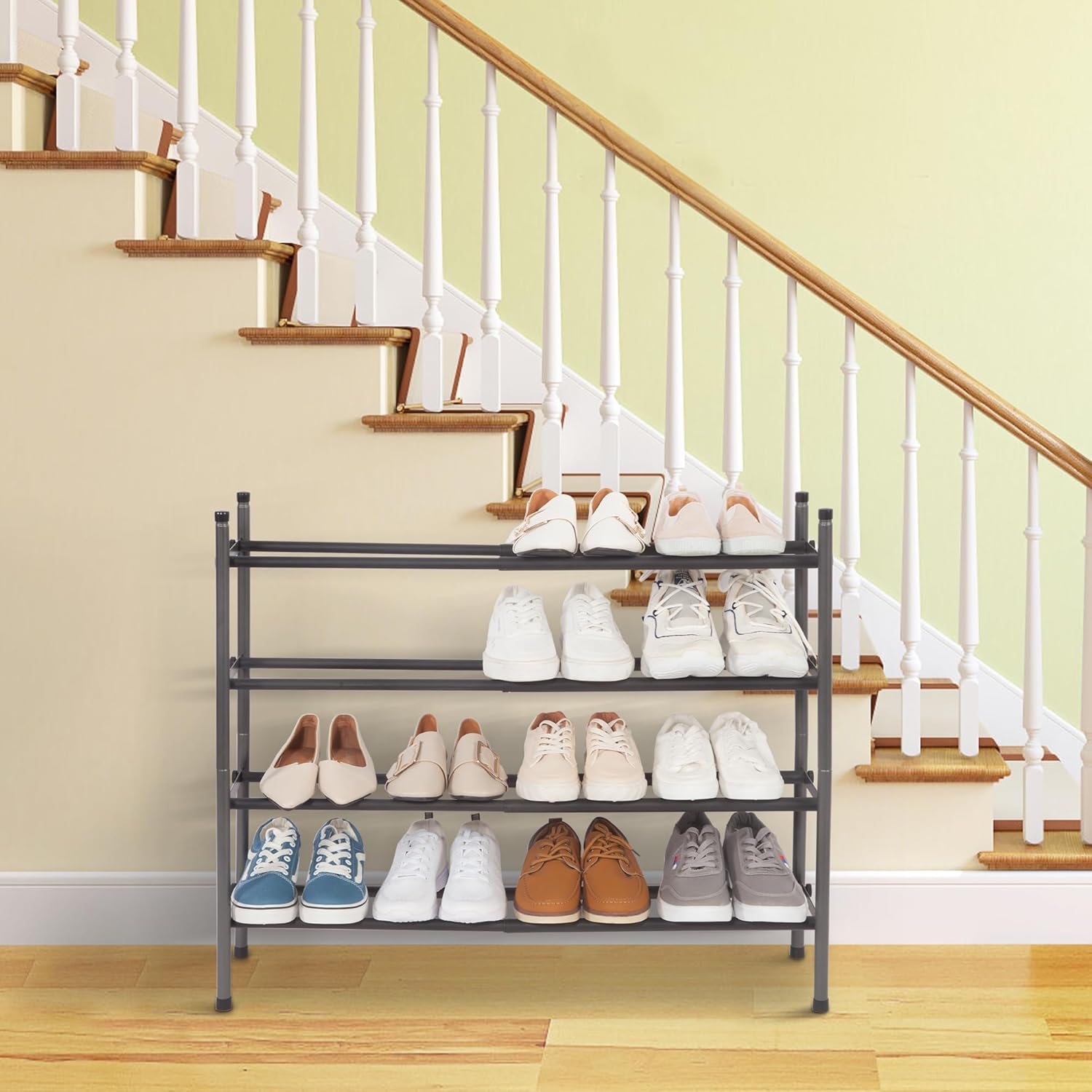 STORAGE MANIAC Expandable Shoe Rack - 16 Pairs Stackable Organizer for Closet & Entryway - Black 4 Tier