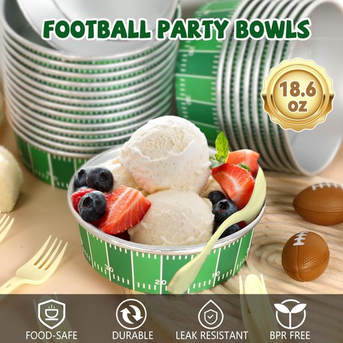gisgfim 24 Set Football Party Supplies 18.6oz Footballs Party Disposable Bowls Football Game Paper Serving Bowls Footballs Serving Tableware and Fork for Sports Events 2026 Food Birthday 24 Guests