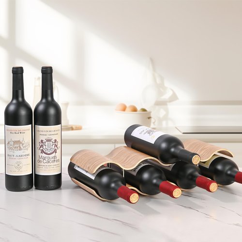 TRUDING Countertop Wine Rack - 7 Bottle Freestanding Wine Bottle Holder Stand - 2 Tier Wooden Wine Storage Rack - Wavy Wine Organizer for Cabinet Pantry Home Kitchen Bar