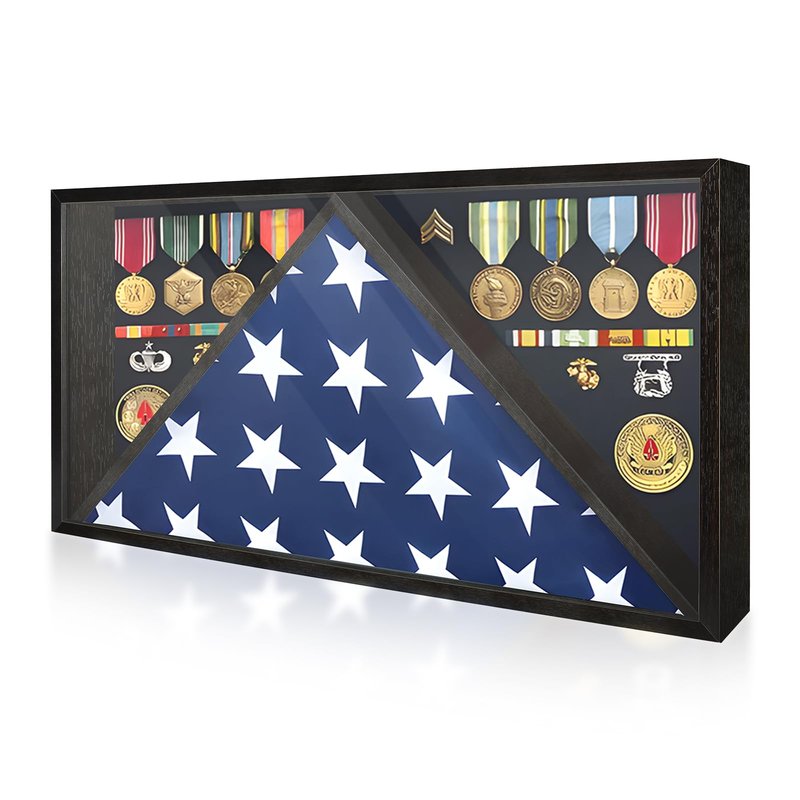 Flag Display Case for Funeral Flag, 5' x 9.5' Military Burial Flag Box with HD Tempered Glass and Removable Dividers, Memorial Flag Frame with Felt Lining for Badges Medals (Black)