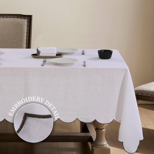 AORISSI 100% Pure Linen Scalloped Embroidery Rectangle Tablecloths 84Lx60W Inch for Dinners, Parties, Spring, Machine Washable, 6-8 Sets, White(Edges-Green)