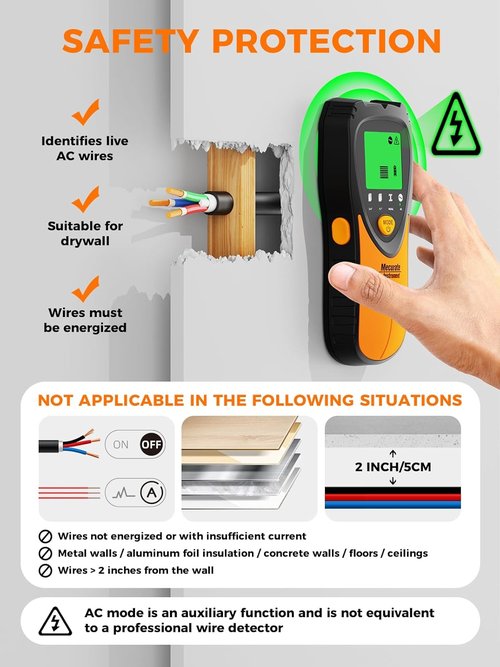 Mecurate Stud Finder - 5-in-1 Wall Scanner with LCD Display & Audio Alarm for Wood, Metal, AC Live Wire Detection