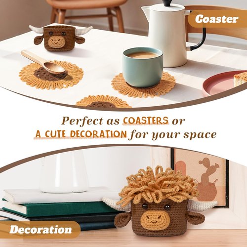 Drink Coaster, Highland Cow Gifts for Cow Lovers, Fun Woven Creative Set of 3 Coasters, Suitable for Most Cups, Handmade Crochet Cow Head Storage, Rustic Decor for The Home