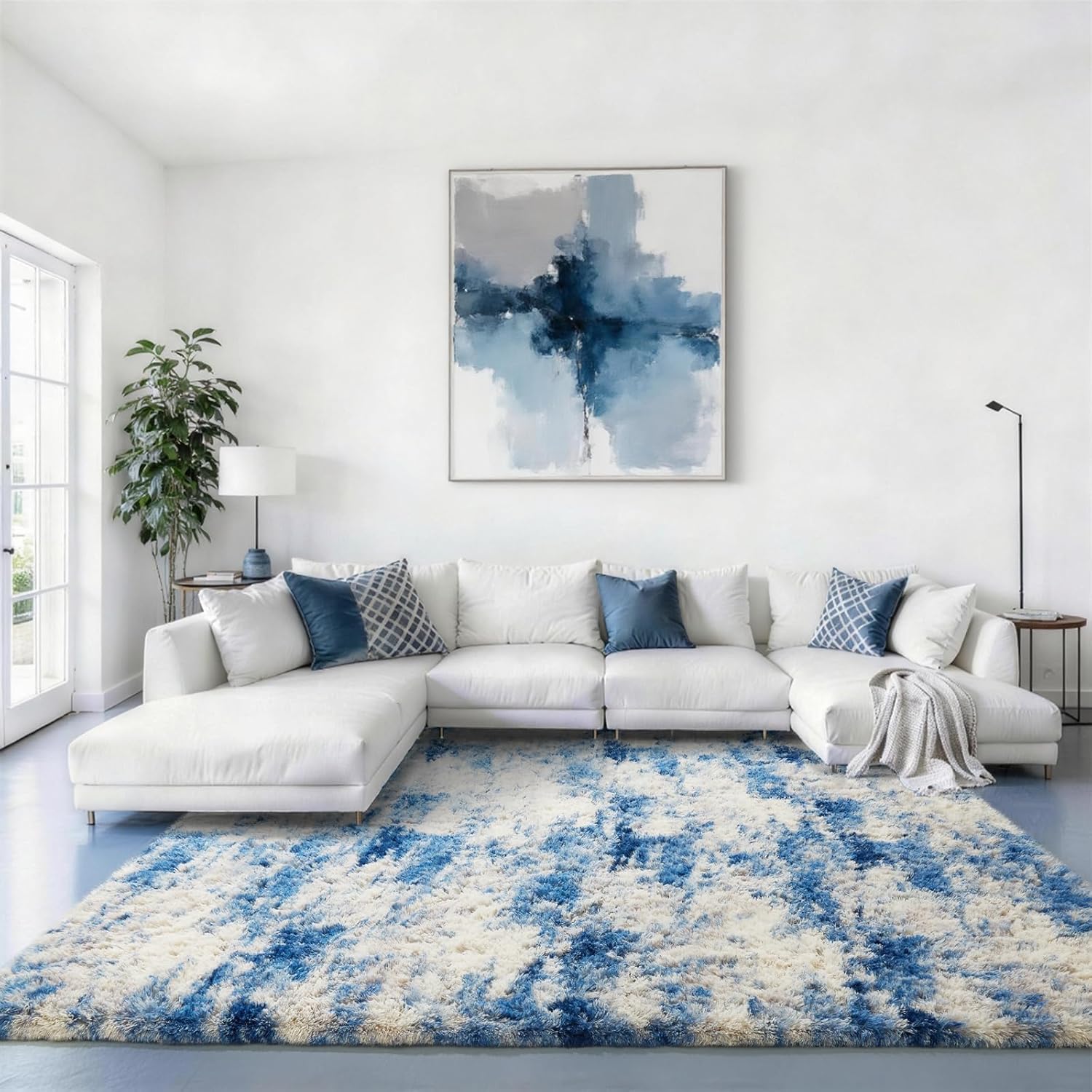 Ophanie Area Rug - Fluffy Blue, White & Grey Shag Carpet for Living Room | 6x9 Soft Plush Design