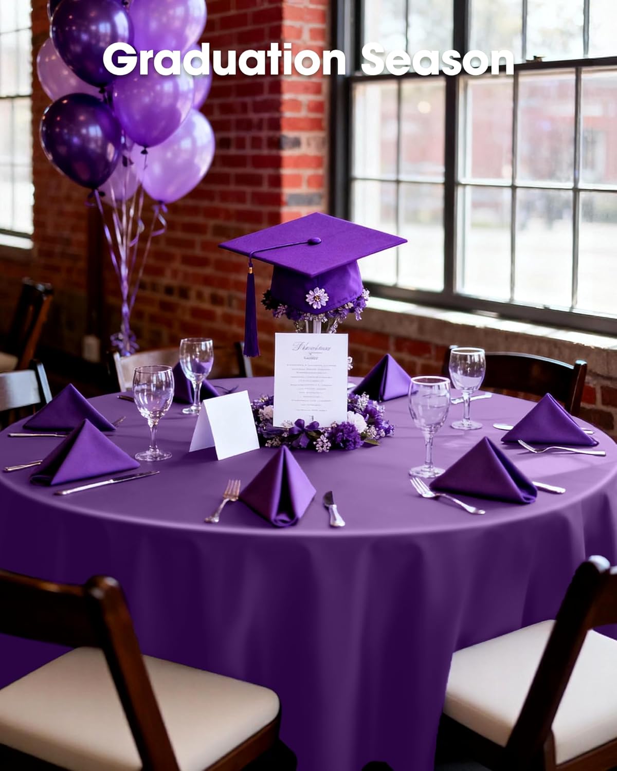 Pureegg Disposable Round Table Cloths - 84'' Leakproof & Sturdy, 8 Pack | Purple Graduation Decorations