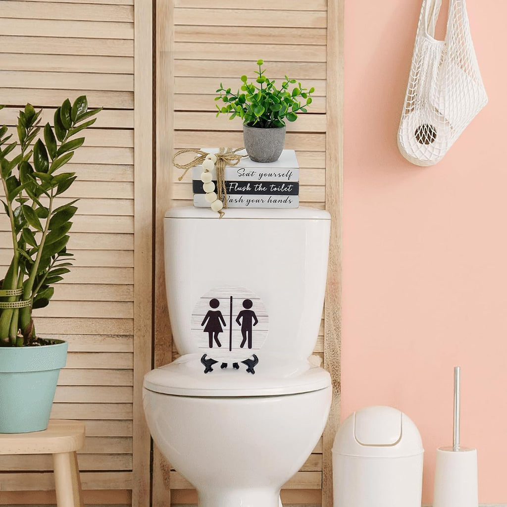 Skiennix Bathroom Shelf Decor - Funny Wooden Signs with Fake Plants | 3D Round Design for Guest Restrooms