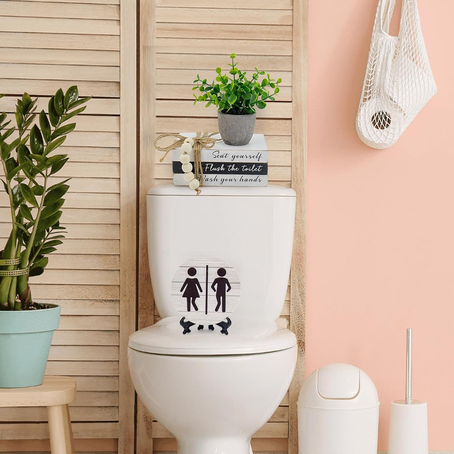 Skiennix Bathroom Shelf Decor - Funny Wooden Signs with Fake Plants | 3D Round Design for Guest Restrooms