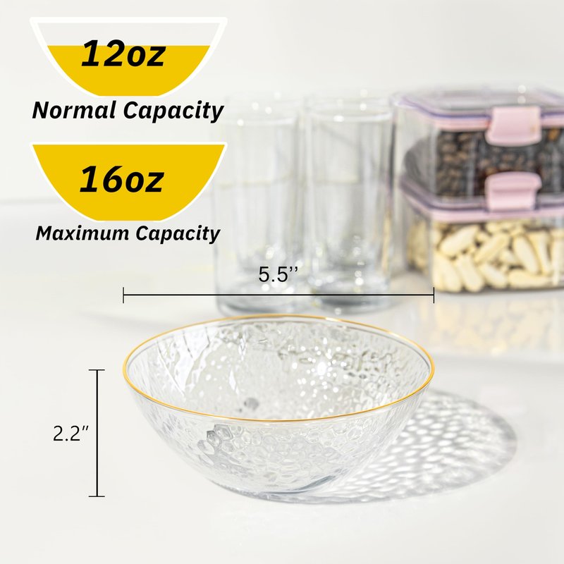 Rubtlamp 50 Pack Clear Disposable Bowls, Clear Plastic Bowls with Gold Rim, 12-16oz Premium Heavy Duty Plastic Hammered soup Bowls for Milk Cereals, Snacks, Salads