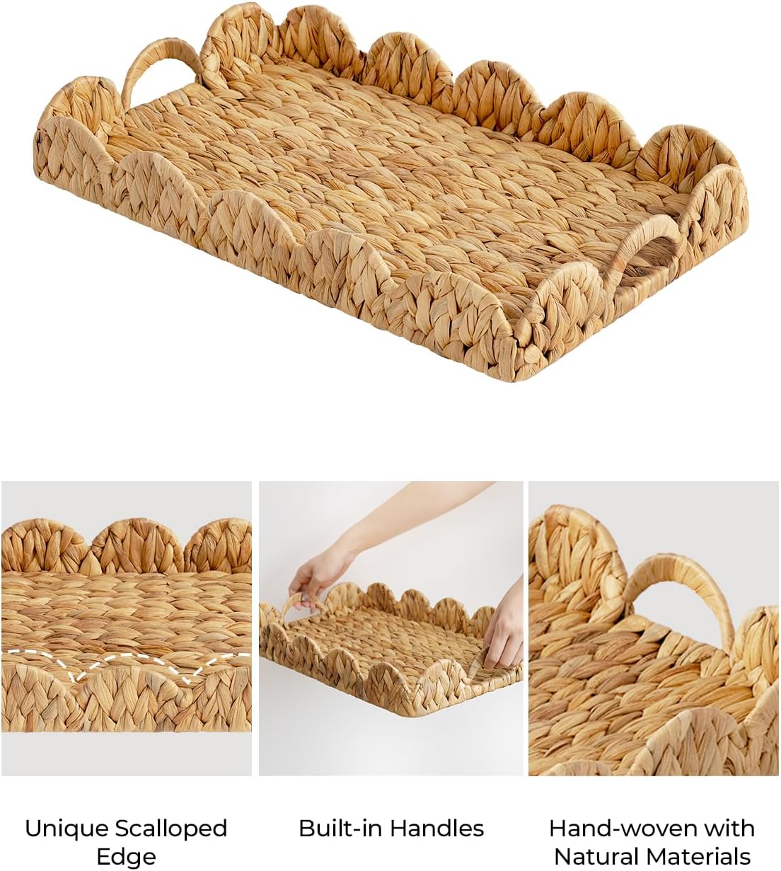 StorageWorks Wicker Serving Tray - Hand-Woven Scalloped Edge Design with Built-in Handles | Natural Water Hyacinth, Large Rectangle