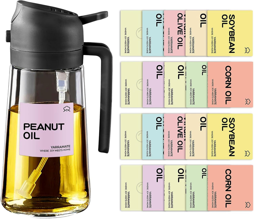 YARRAMATE Glass Olive Oil Sprayer - 16oz/470ml with Black Finish & 20 Color Labels