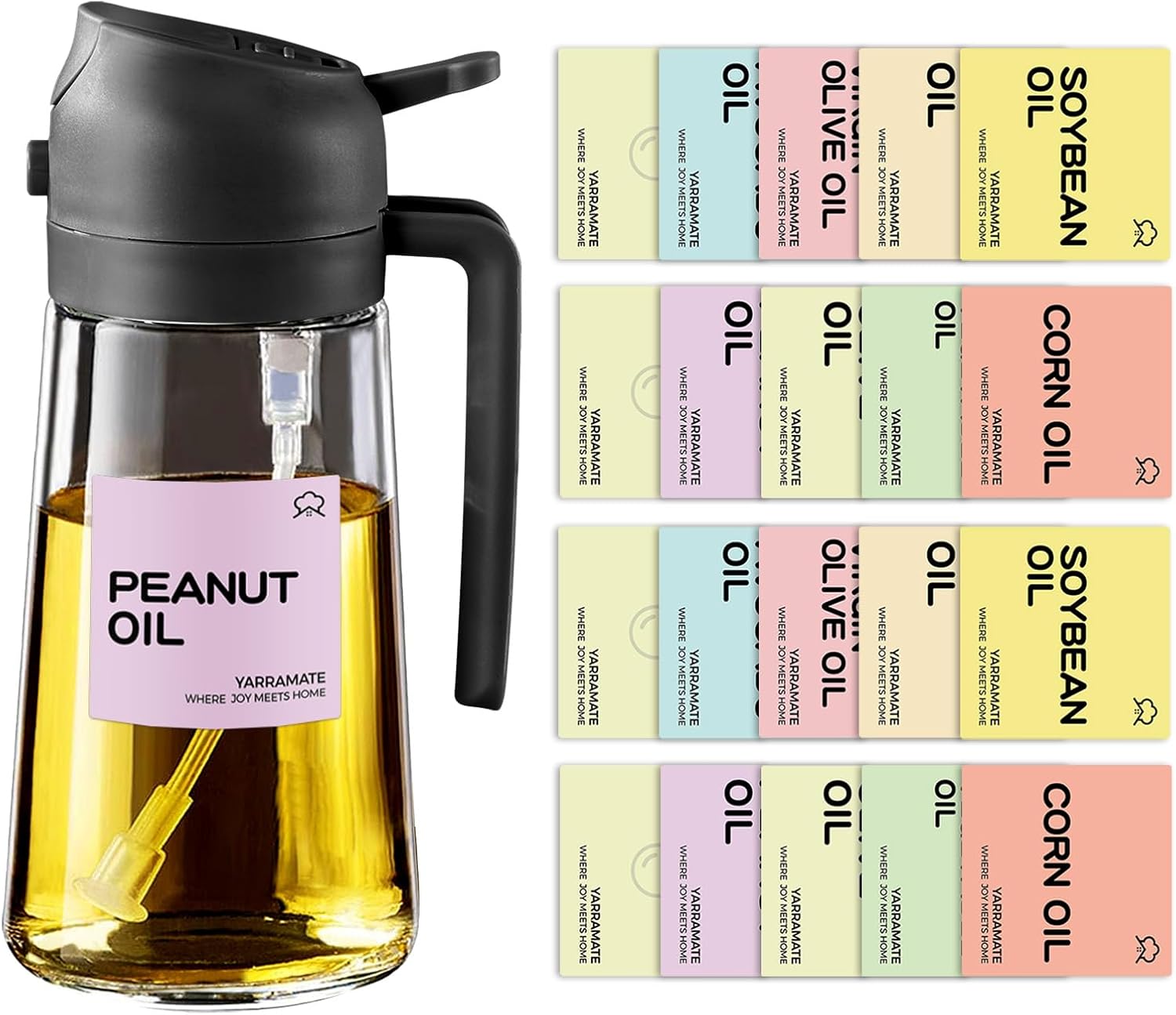 YARRAMATE Glass Olive Oil Sprayer - 16oz/470ml with Black Finish & 20 Color Labels
