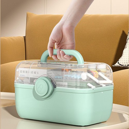 Family First Aid Box - 3-Tier Medicine Storage Container with Removable Pill Case | Green Plastic Organizer