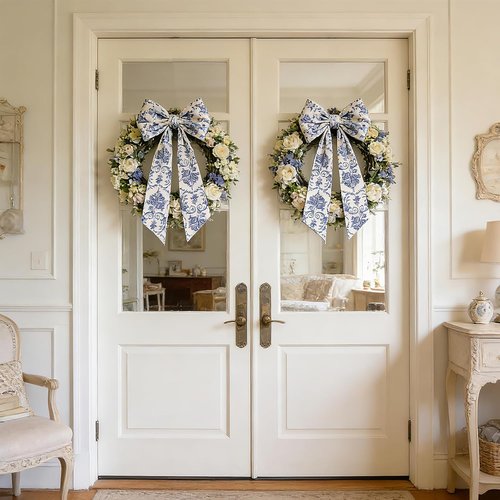 AZYM Wreath Sash Set - Elegant Blue Flower Ribbon for Indoor/Outdoor Door Decor | 2 Pcs