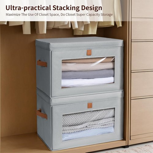 Homsorout Large Closet Storage Organizer - Collapsible Fabric Bins with Handles & Window | 2 Pack, Grey