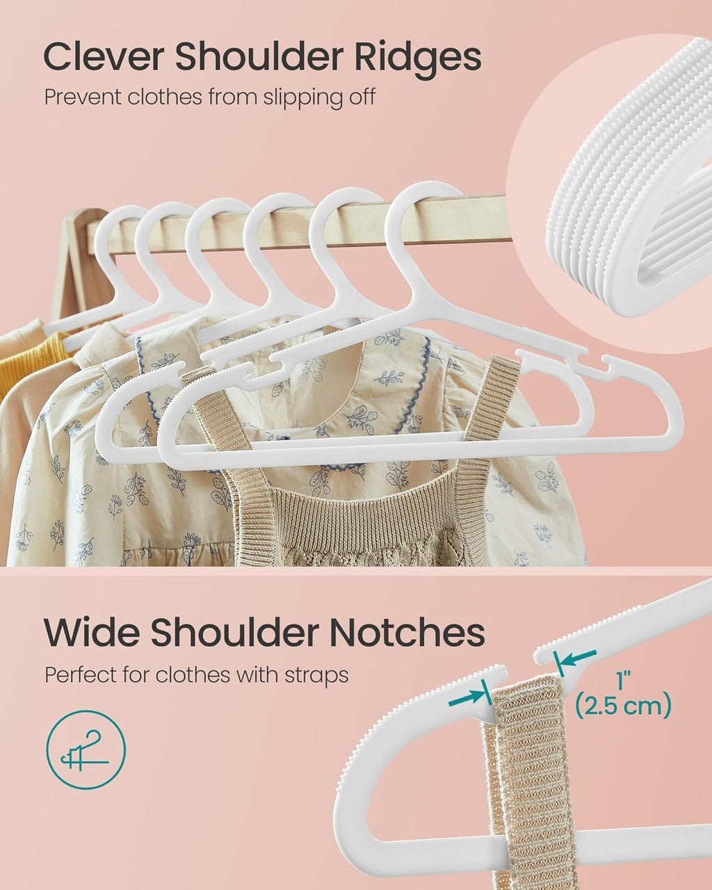 SONGMICS Kids Hangers - 100 Pack Plastic Baby Hangers for Closet | Non-Slip, Space-Saving, Cloud White, 14 x 7 Inches