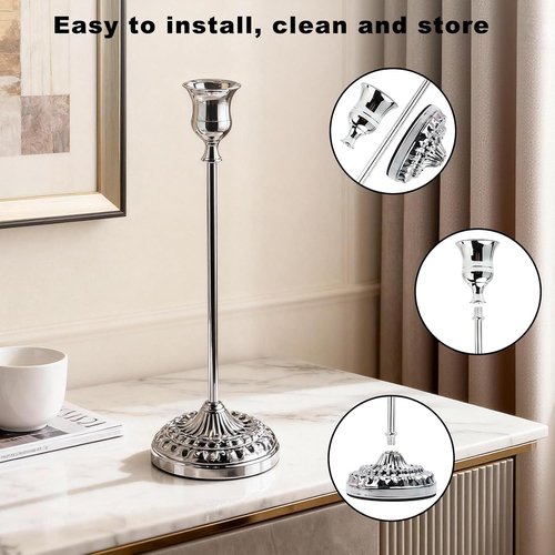 BEAHOT Silver Candle Holders - Set of 6 Elegant Non-Slip Holders with Matching Snuffer for Home Decor & Weddings