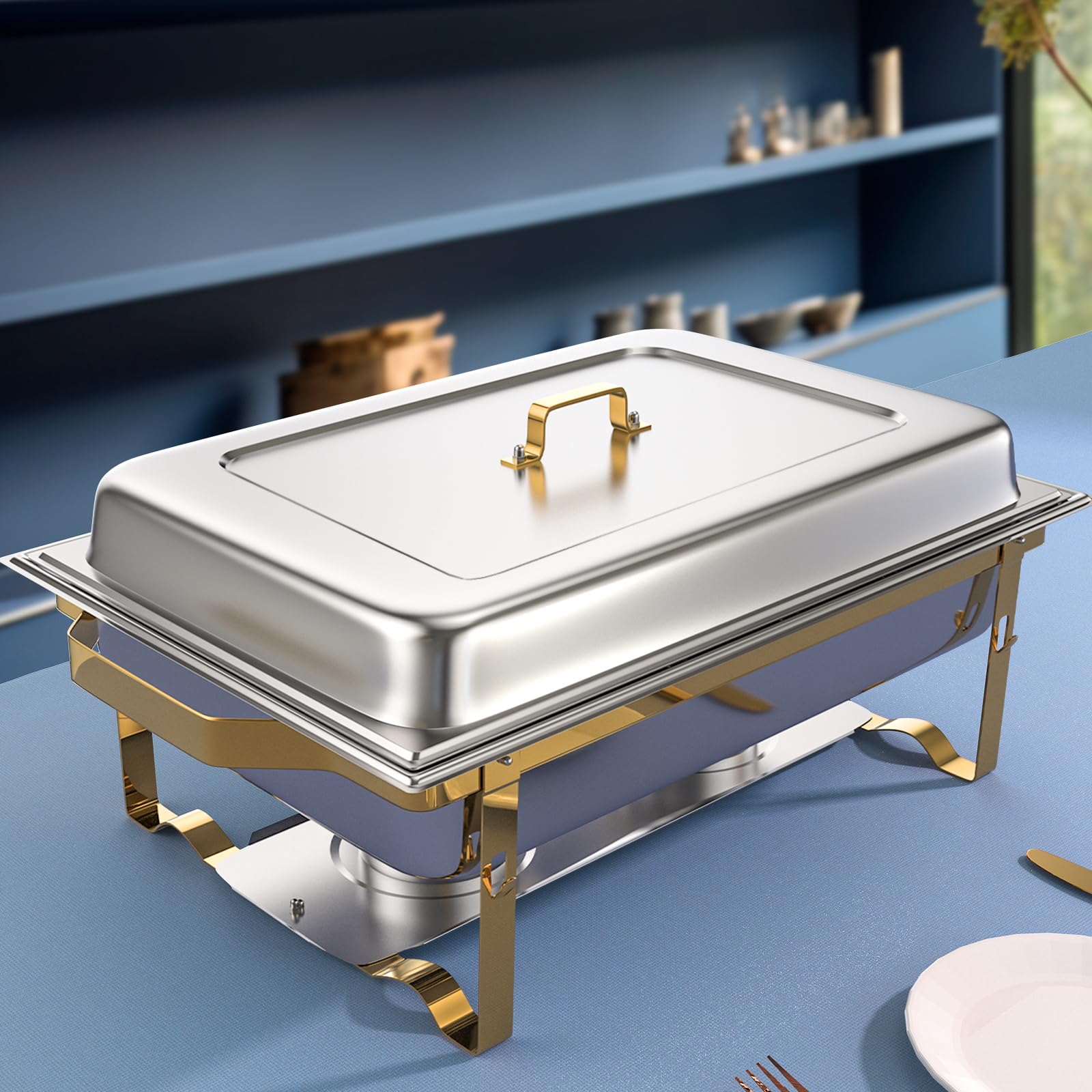 SIOTMERA 9QT Chafing Dishes for Buffet 1 Pack, Thickened Stable Stainless Steel Chafing Dish Buffet Set, Rolled Edge No Finger Cut Food Warmers for Party Catering Events Weddings, Gold and Silver