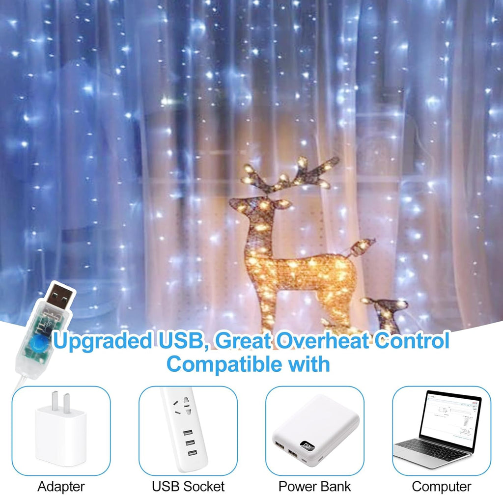Skiennix 300 LED Fairy Curtain Lights - 9.8 x 9.8FT Cold White USB String Lights with Remote | 8 Modes for Christmas, Weddings & More