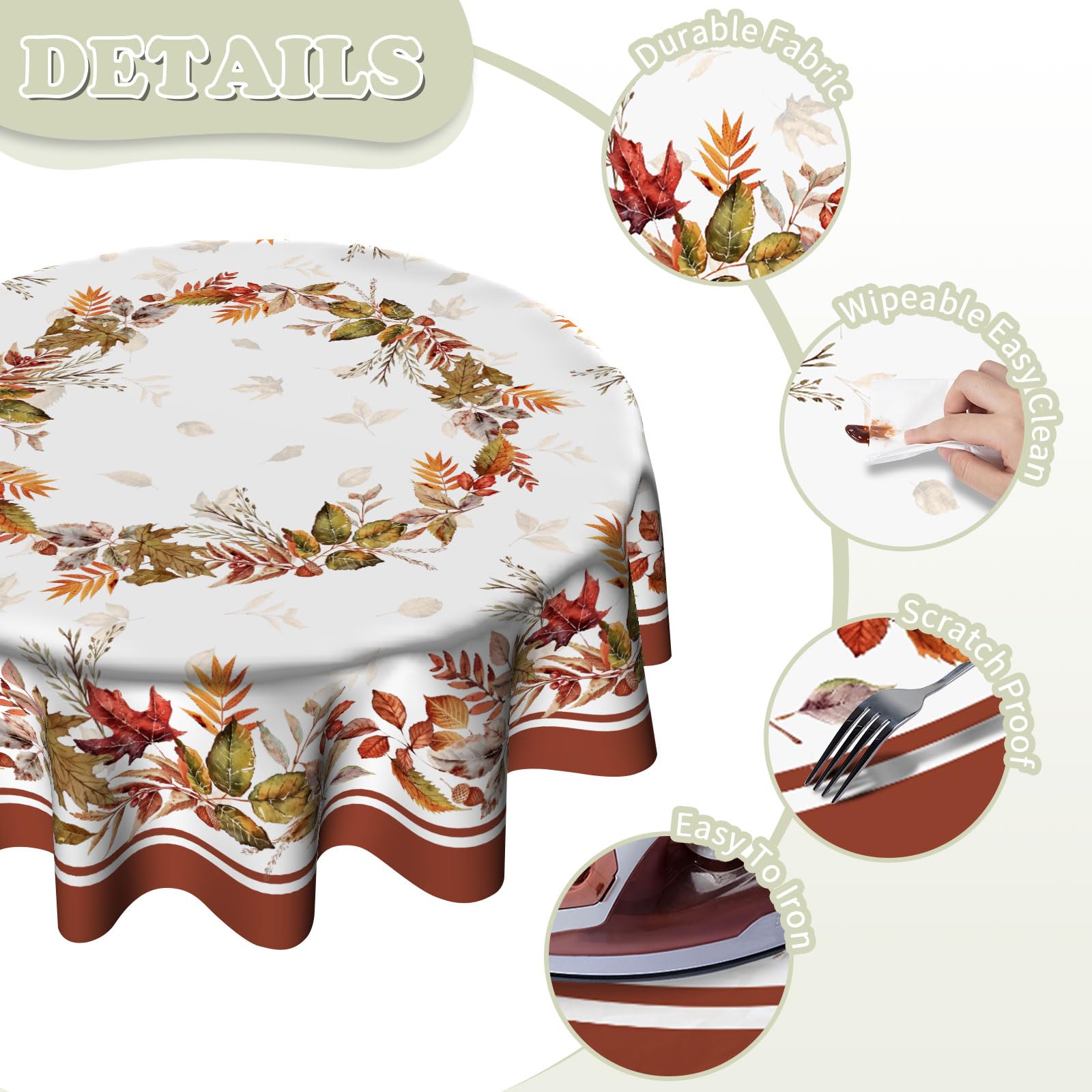 Imiss Fall Round Tablecloth Autumn Maple Leaves Printed Wrinkle Resistant Washable Tabletop Thanksgiving Table Cover for Seasonal Holiday Dining Party Decor 60 Inch