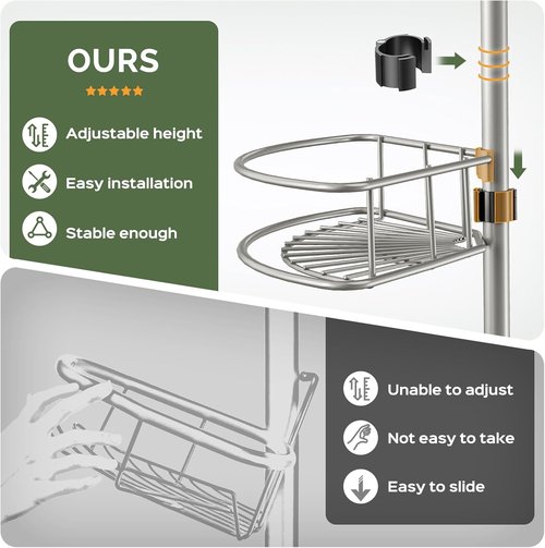 HAMITOR Corner Shower Caddy - 4-Tier Rust-Resistant Adjustable Organizer | 47-121 Inch No-Drill Installation - Silver Gray