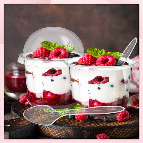 Layhit 150 Pack Clear Dessert Cups with Dome Lids and Spoons, Plastic Parfait Cups with Lids for Yogurt, Fruit, Ice Cream, Mousse, Muffin, Party Supplies for Wedding, Graduation(10oz)