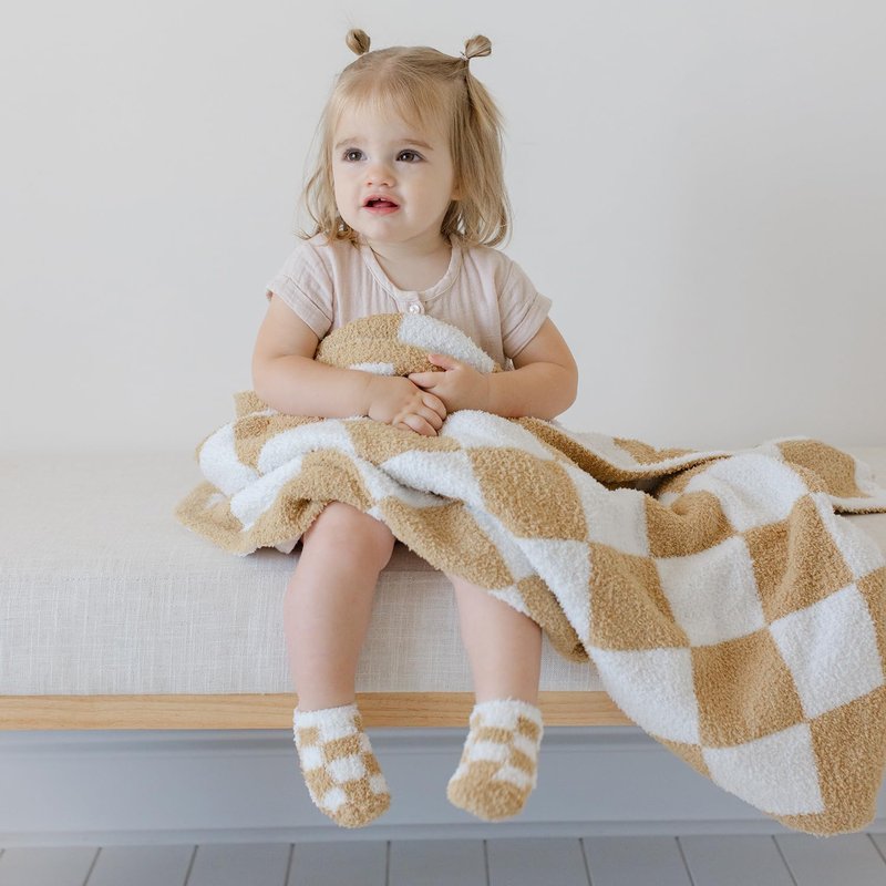 Orelle Checkered Baby Blanket & Matching Socks Set | Plush Baby Blanket | Luxury Ultra-Soft & Cozy Receiving Blanket | Newborn Gift & Registry Must-Have | 30x40” | Brown