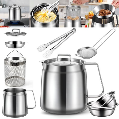 2L Stainless Steel Oil Filter Pot, 2 in 1 Oil Strainer Pot, Bacon Grease Saver with Strainer, Frying Basket, Filter, Mixing Bowls and Clip, Versatile Bacon Grease Container for Kitchen Storing Grease