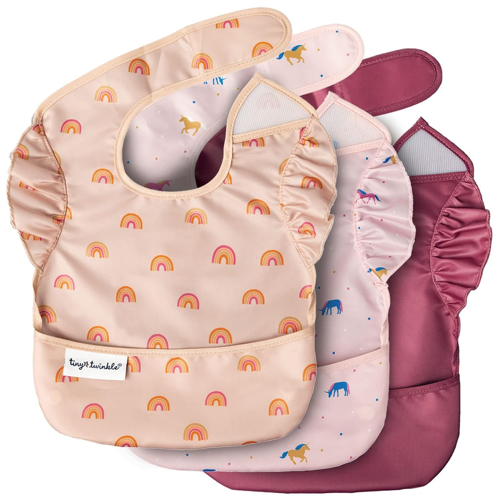 Tiny Twinkle Baby Bibs - Mess-Proof, Waterproof Toddler Feeding Bibs with Catch-All Pocket | 3 Pack Unicorn Design