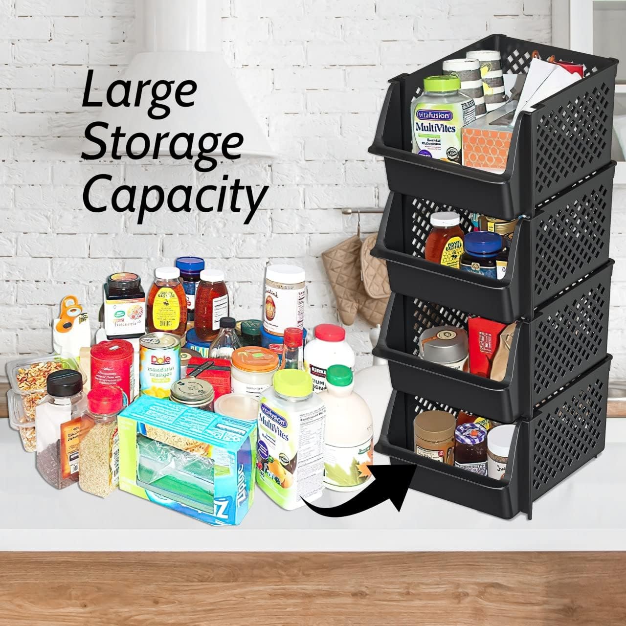 TidyFriend Stackable Storage Bins - Open Front Pantry Organizers for Kitchen & Home | 4 Pack (Black)