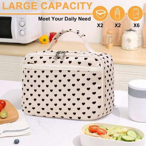CAMTOP Kids Lunch Box Girls Corduroy Insulated Lunch Cooler Bag Reusable Lunch Tote Kit for School Travel(Heart)