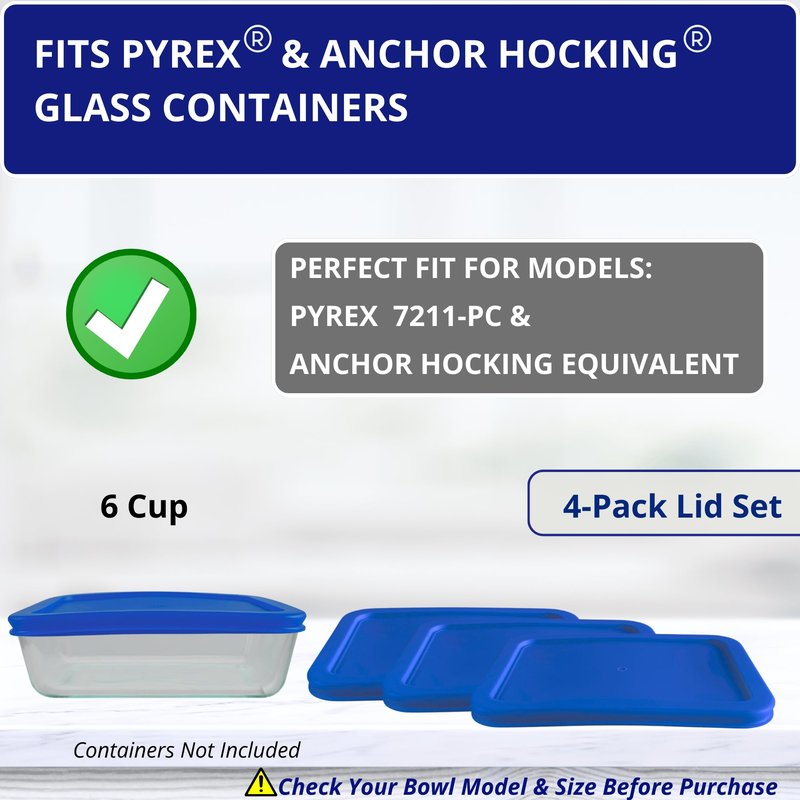 6 Cup/1.5 L Blue Replacement Lids/Covers for Pyrex 7211-PC, 6 Cup/48oz Anchor Hocking & Klare Ware Storage Bowls *Lids Only* - *Glass Container Not Included* (4 Pack, Blue)