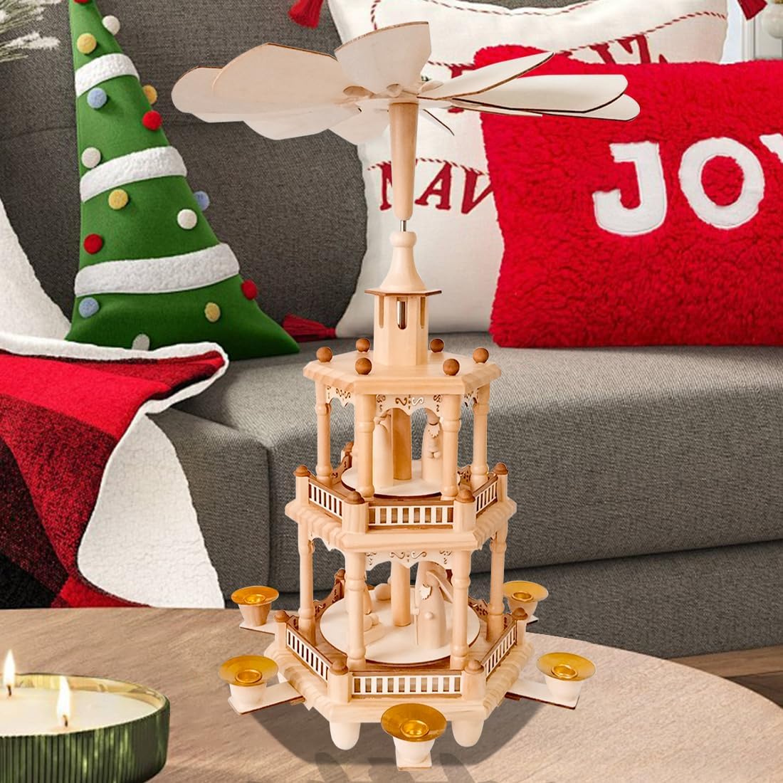 Rotating Christmas Pyramids | 17-Inch Wooden Nativity Scene with 6 Candle Holders - 3-Tier Carousel