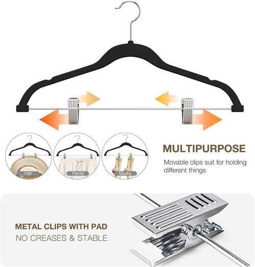 Korpai 36-Pack Black Velvet Hangers - Adjustable Non-Slip Heavy-Duty Clips for Space Saving Storage
