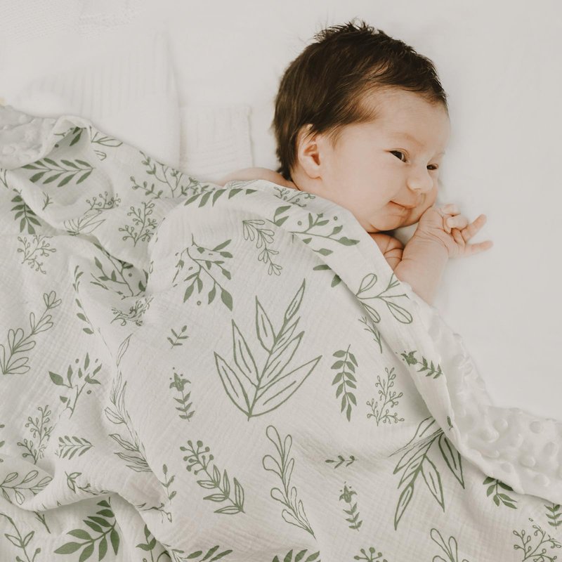 GLLQUEN BABY Blankets for Unisex Boys Girls, 2-Pack Muslin Cotton Front Soft and Breathable, and Dotted Fleece Backing, Nursery Minky Blankets for Toddler Newborn, Green Leaves,30 x 40 inches