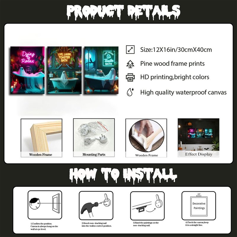 3 Pcs Framed Halloween Ghost Neon Bathroom Canvas Wall Art Neon Sign Dying To Relax Wall Decor Pictures Funny Gothic Ghost Toaster Posters Prints for Restroom Dark Humor indie room Home Decortion