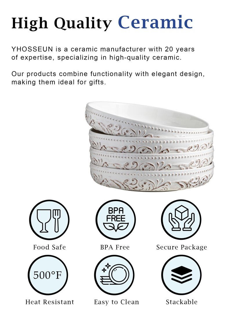 YHOSSEUN Pasta Bowls Set of 4, 50 OZ Large Salad Serving Bowls, 9.75" Pasta Plates Shallow Bowls Set, Microwave Dishwasher Safe, Antique Morning Glory
