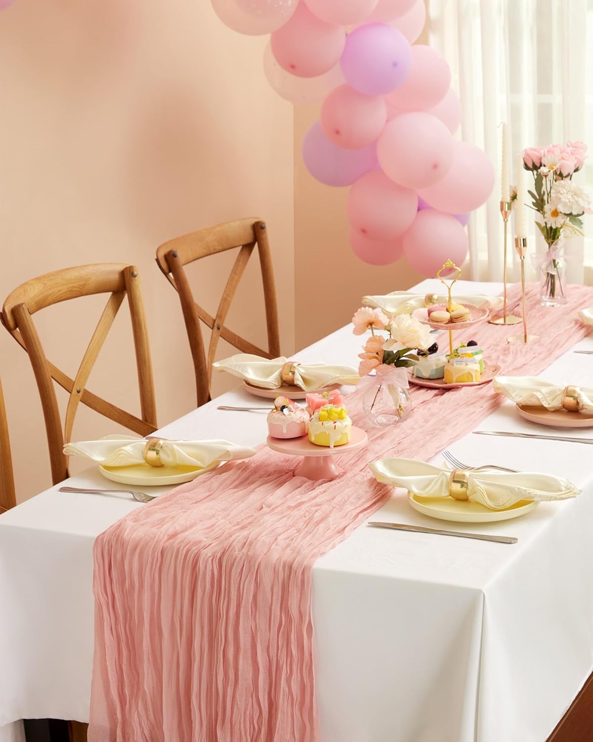 Pureegg Cheesecloth Table Runner - 2-Pack 120'' Dusty Pink Boho Table Cloth for Weddings & Parties