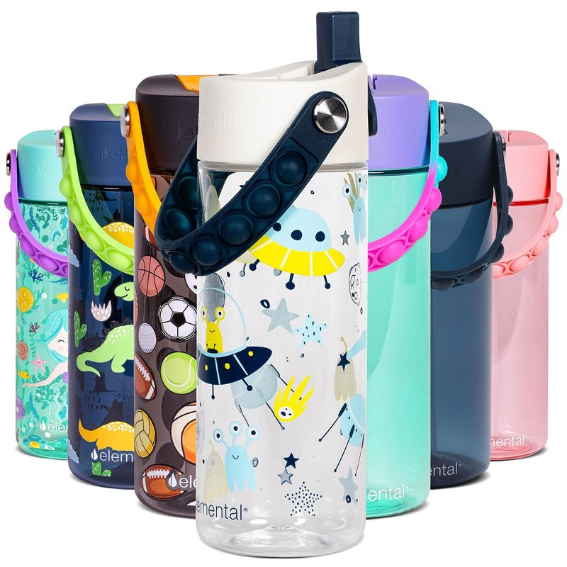 Elemental Water Bottles for Kids - Splash Kids Water Bottle for School with Pop-it Handle - BPA Free Tritan Plastic Water Bottle with Straw Leak Proof when Spout is Closed -Green - 18oz