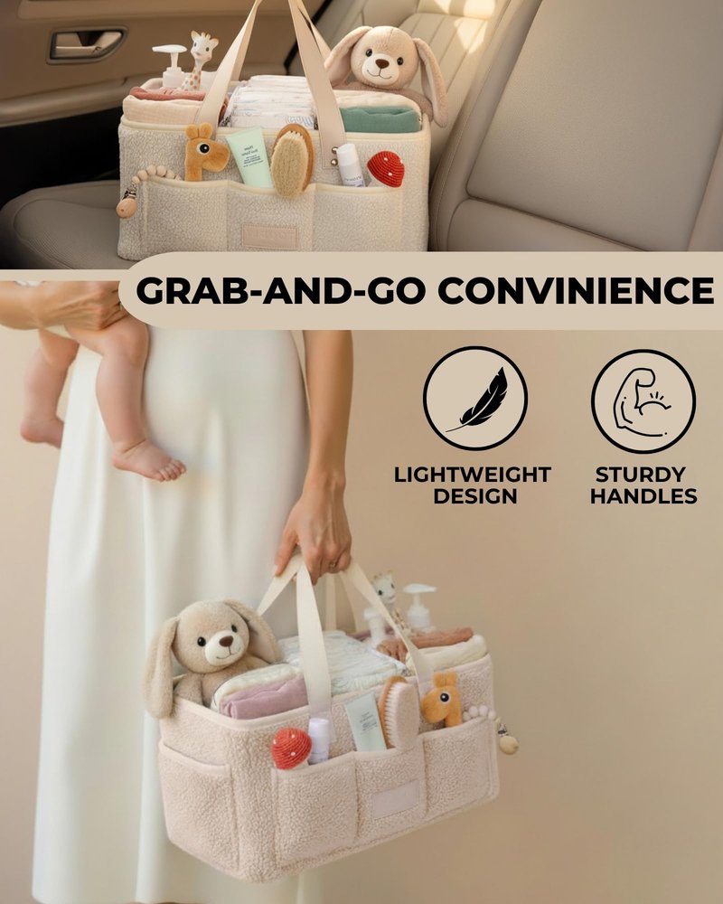 Toodly Baby Diaper Caddy Organizer with Portable Changing Mat - Teddy Fleece Diaper Organizer for Changing Table - Basket for Changing Essentials - Baby Essentials Organizer with Removable Dividers