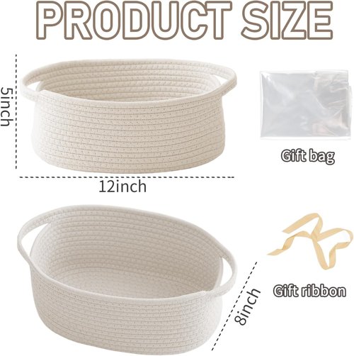 JMvicyroam Woven Storage Basket - Small Rope Organizer with Handles for Shelves & Closets | White