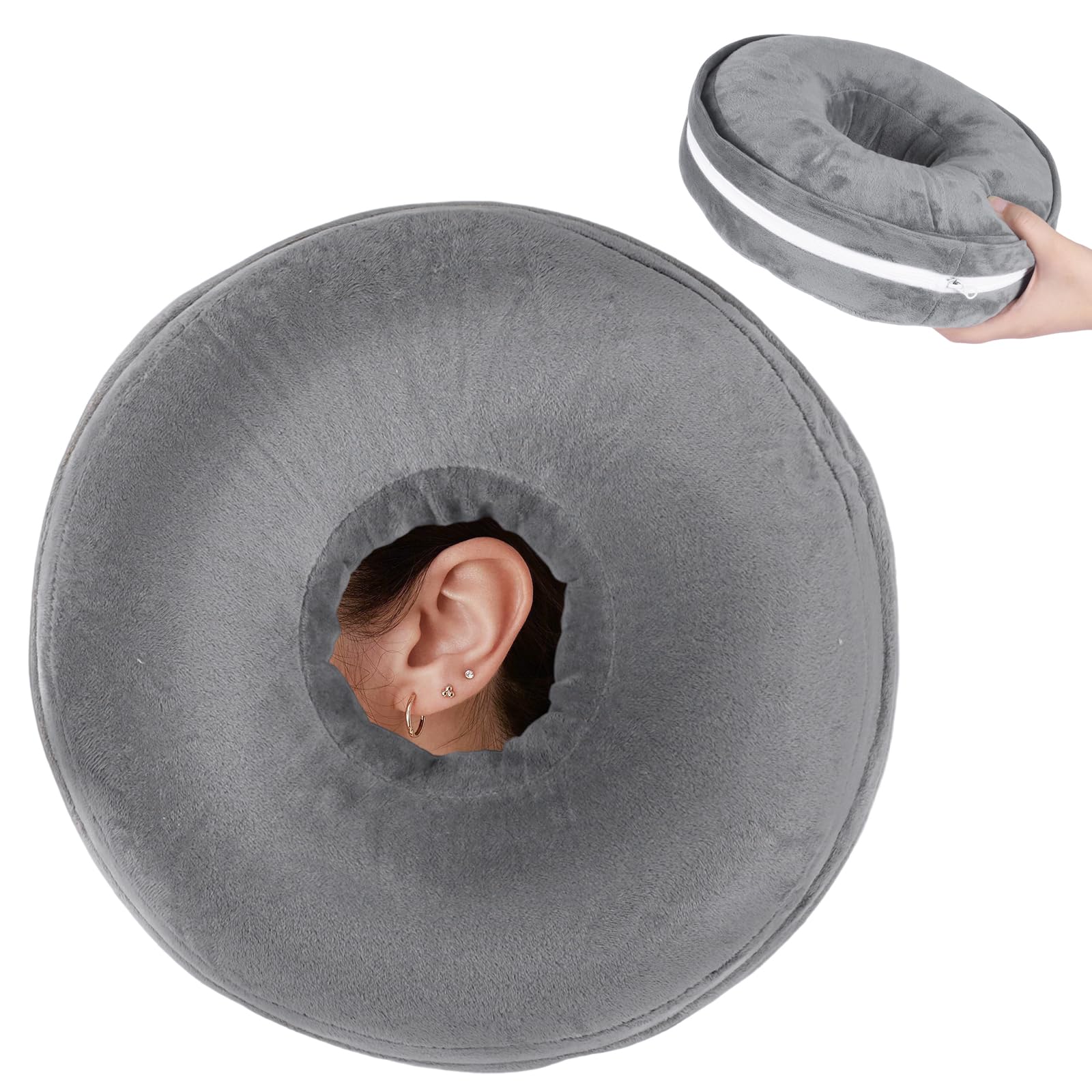 Winmany Ear Piercing Pillows with Detachable Plush Pillowcase for Side Sleepers Circle Donut Pillow for Ear Guard Protector Pain Relief Washable (Dark Grey)